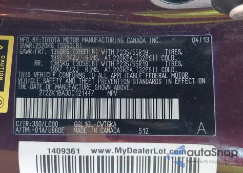 2013 Lexus Rx 350 из США, поврежденный, VIN 2T2ZK1BA3DC121447